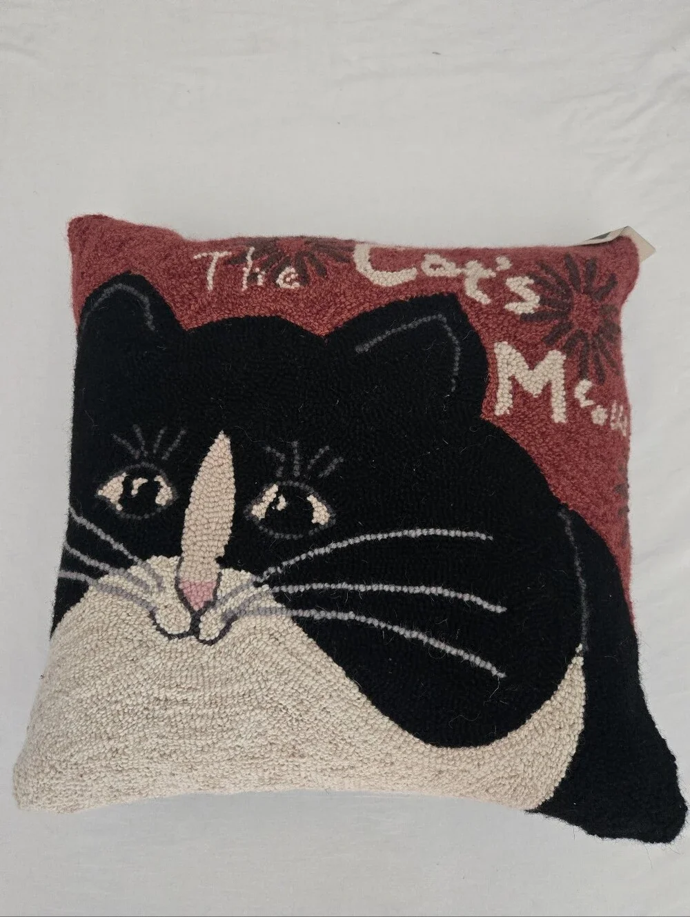 Warren Kimble New Nwt HOOKED Cat WOOL PILLOW The Cat's Meow Black Red Primitive
